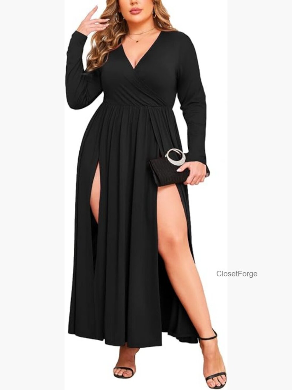 Plus Size 0X-4X Double High Split Maxi Dress Ruffle Sleeve - Picture 1 of 7